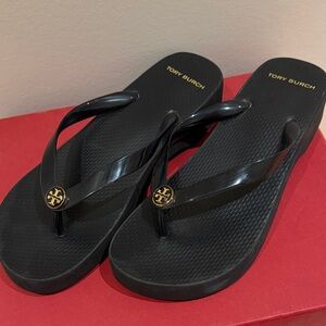 Tory Burch Black Sandals with Gold Logo